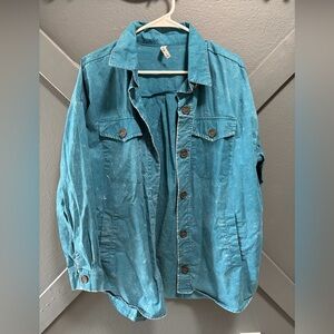 Zenana Outfitters Teal Stone Washed Brushpopper Shacket With Large Button Detail
